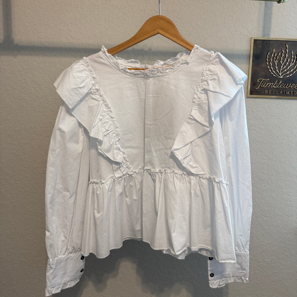 Women's Pol White Cotton Ruffle Front Long Sleeve‎ Blouse Size Small NEW